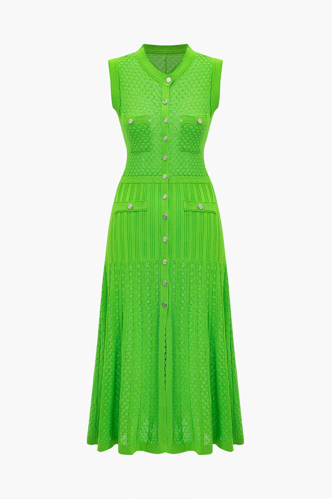 Knit V-Neck Button Pocket Sleeveless Dress - Flockneti