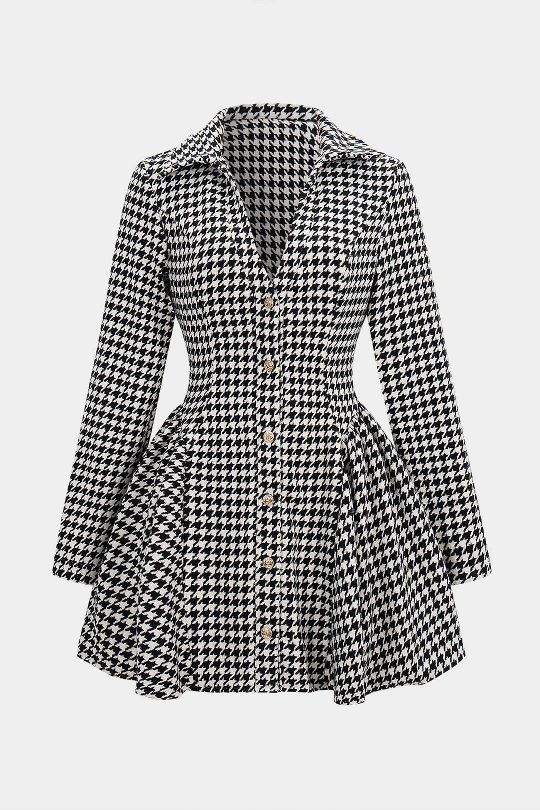 Houndstooth Print Button Ruched V-Neck Long Sleeve Mini Dress - Flockneti