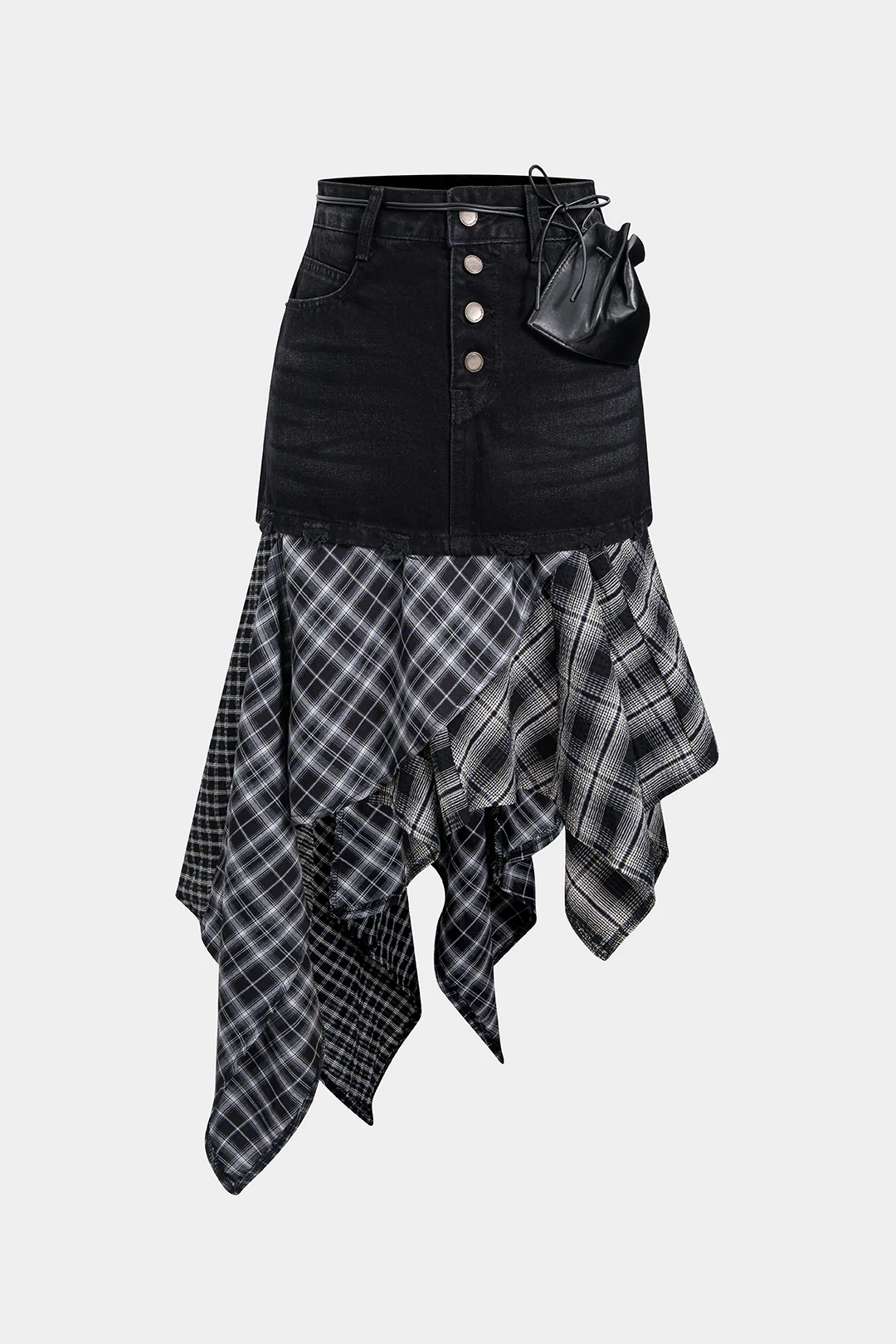 Denim Plaid Print Patchwork Irregular Hem Skirt - Flockneti