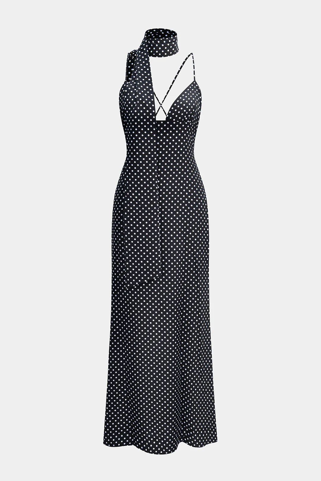 Polka Dots Print Crossed Tie Up Backless Slip Sleeveless Maxi Dress With Scarf - Flockneti