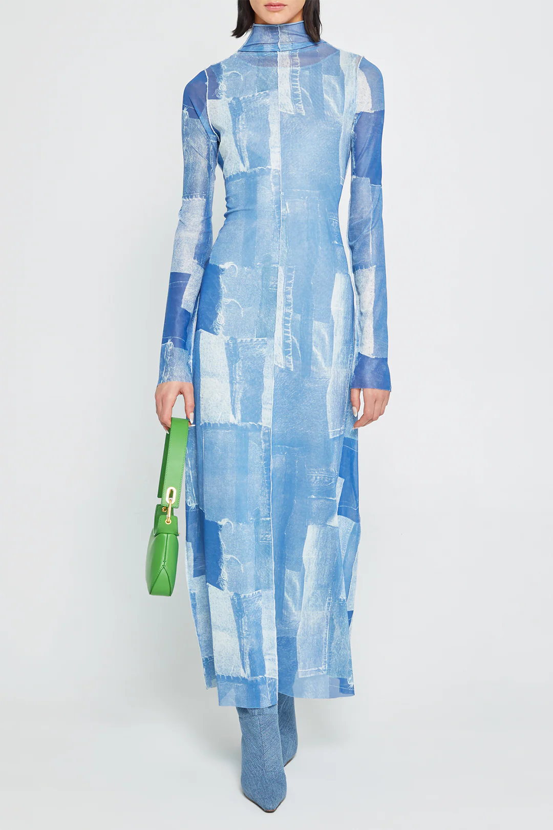 Contrast Denim Print  High Collar Long Sleeve Maxi Dress - Flockneti