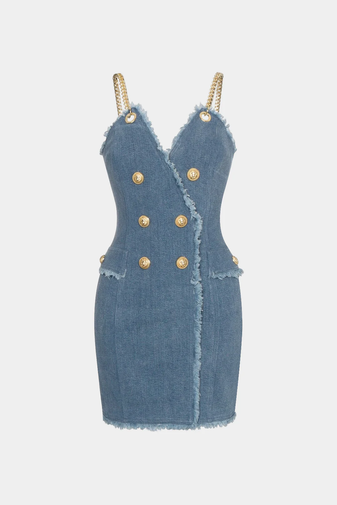 Denim Metallic Chain V-Neck Button Frayed Zipper Sleeveless Dress - Flockneti