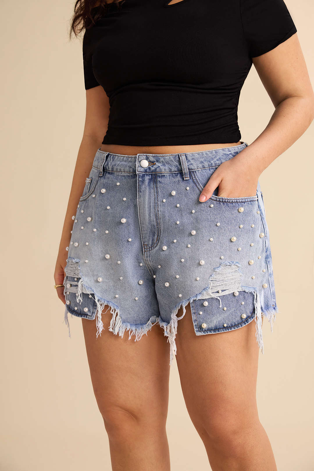 Plus Size High Waist Beaded Denim Shorts - Flockneti