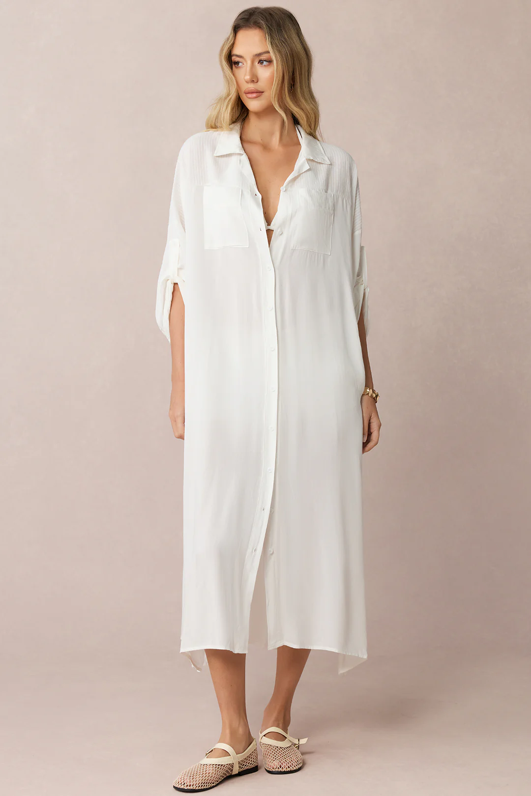 Lapel Button Long Sleeve Cover Up - Flockneti