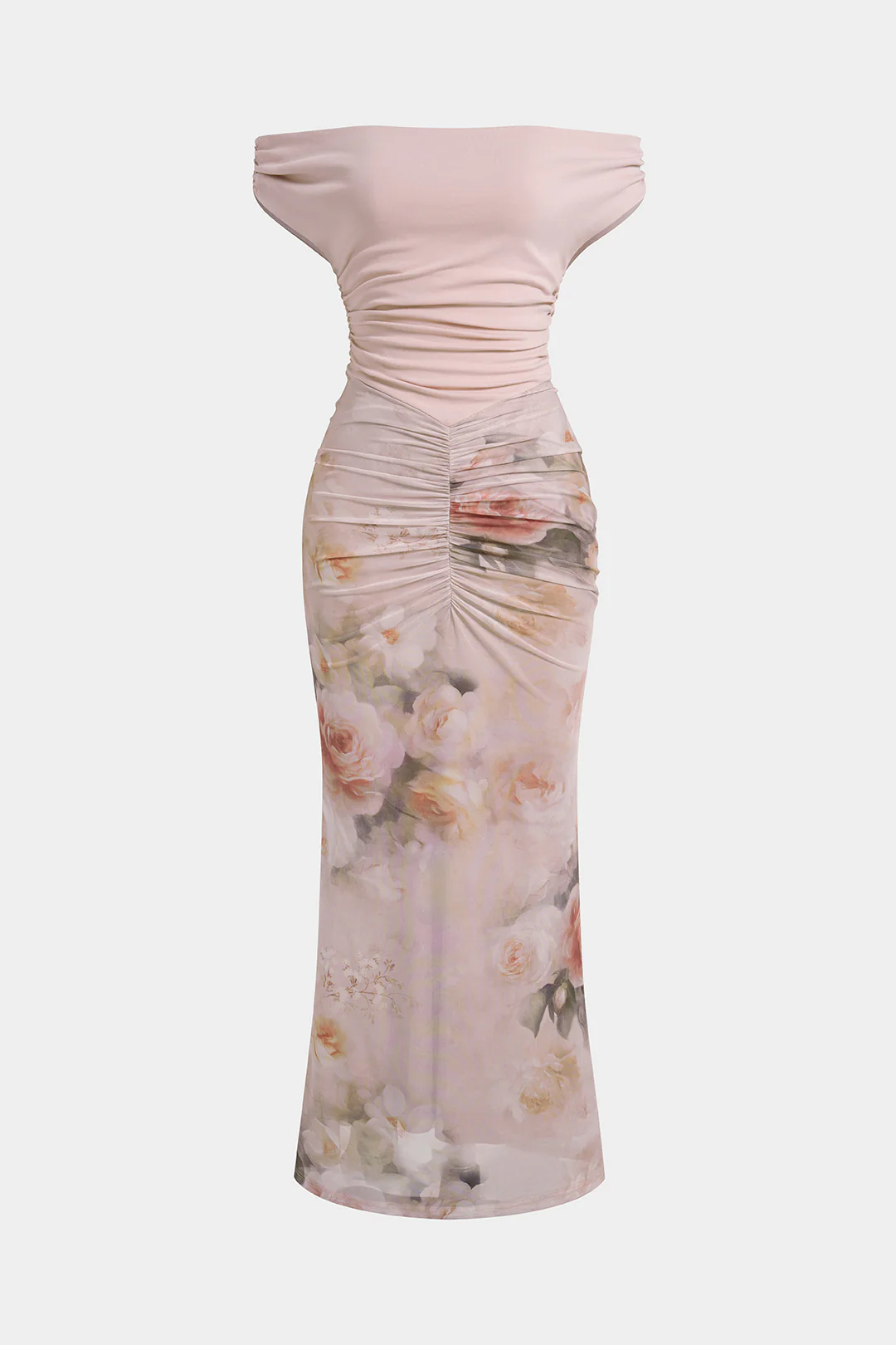 Foral Print Mesh Patchwork Off Shoulder Maxi Dress - Flockneti