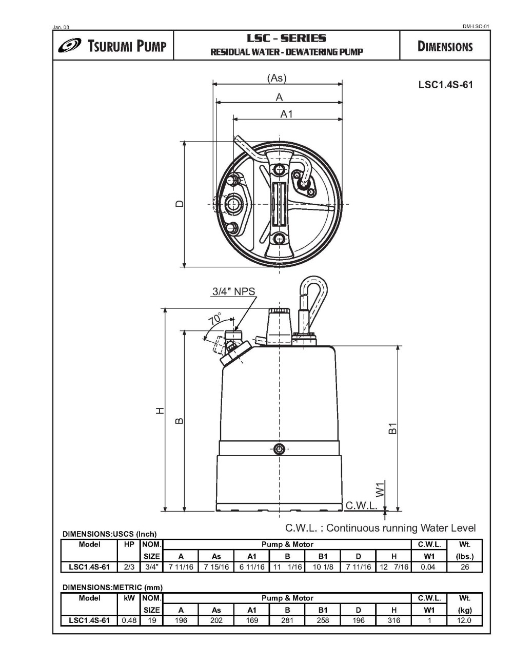 Tsurumi LSC1.4S Electric Submersible Pump - Flockneti
