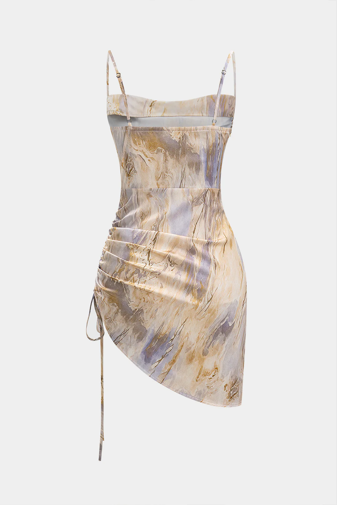 Marble Print Satin Ruched Drawstring Asymmetrical Sleeveless Mini Dress - Flockneti