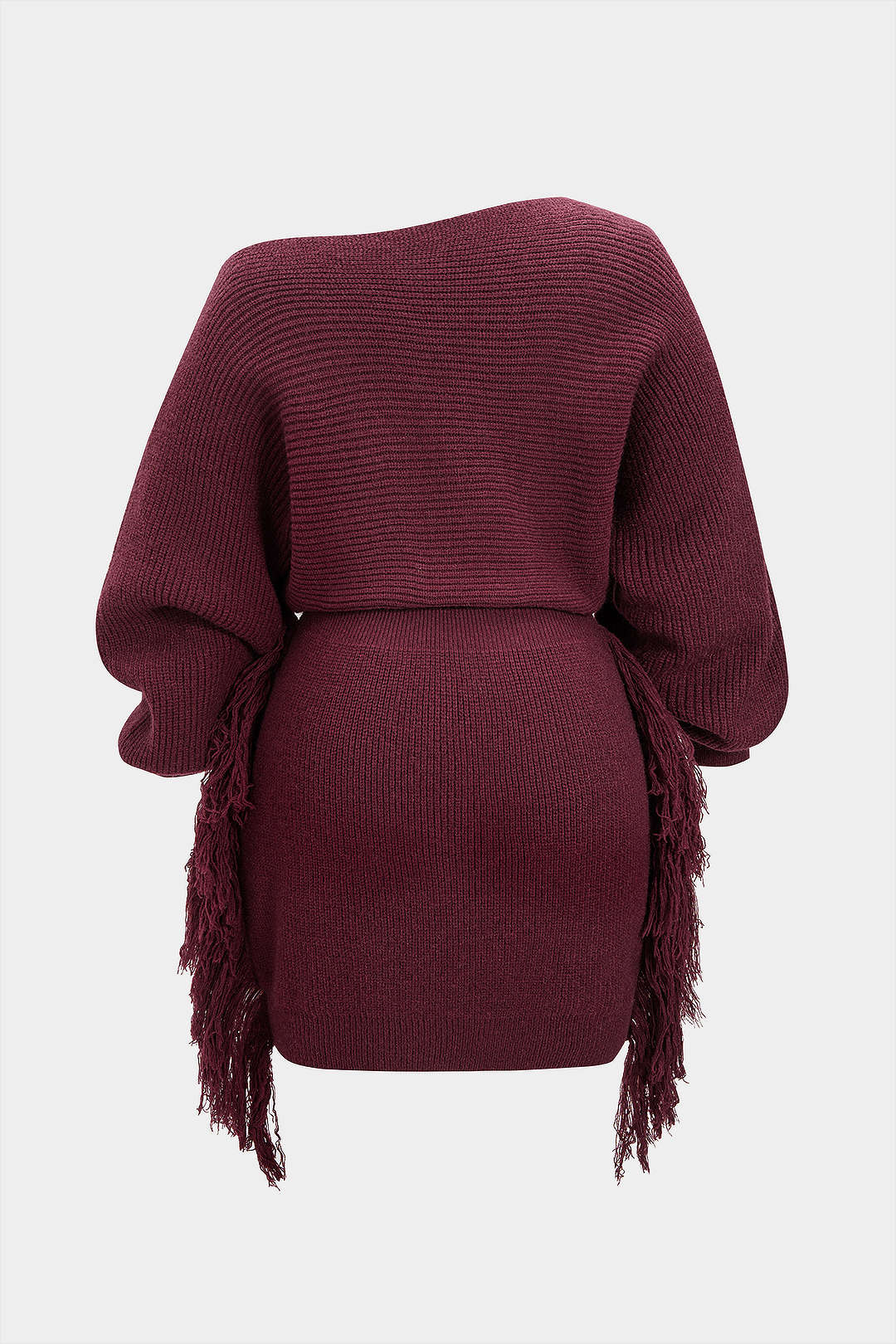 Plus Size Knit Fringe One Shoulder Long Sleeve Dress - Flockneti