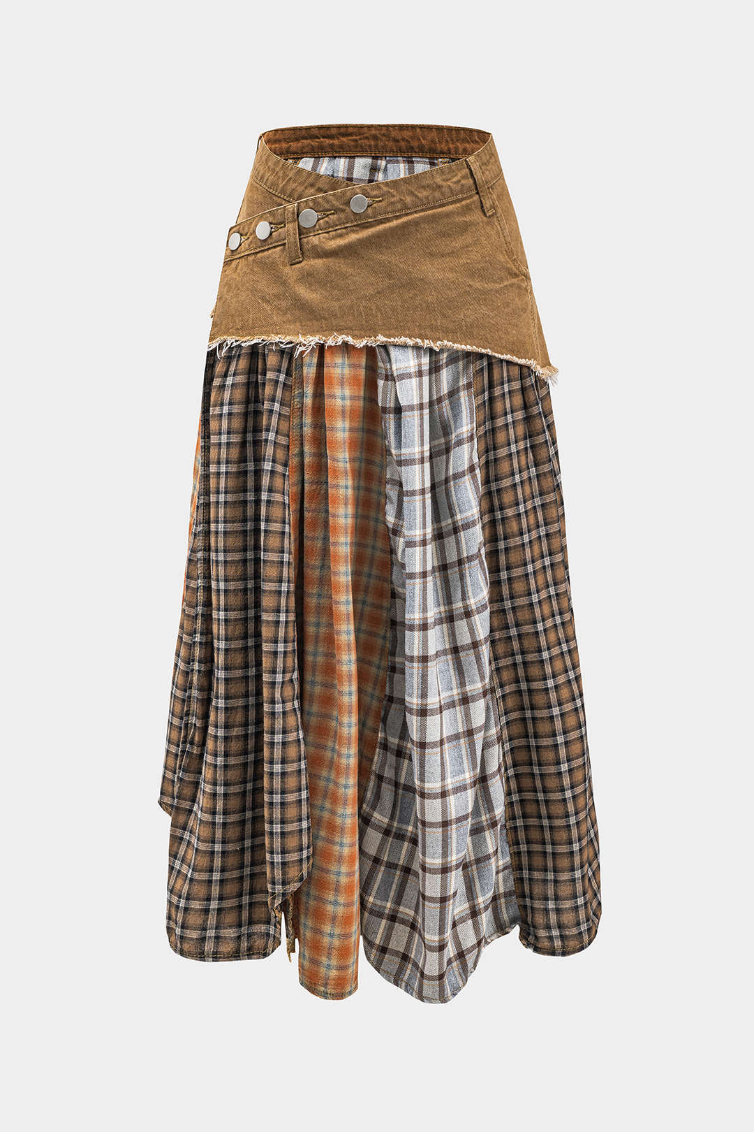 Color Block Plaid Print Denim Patchwork Asymmetrical Skirt - Flockneti