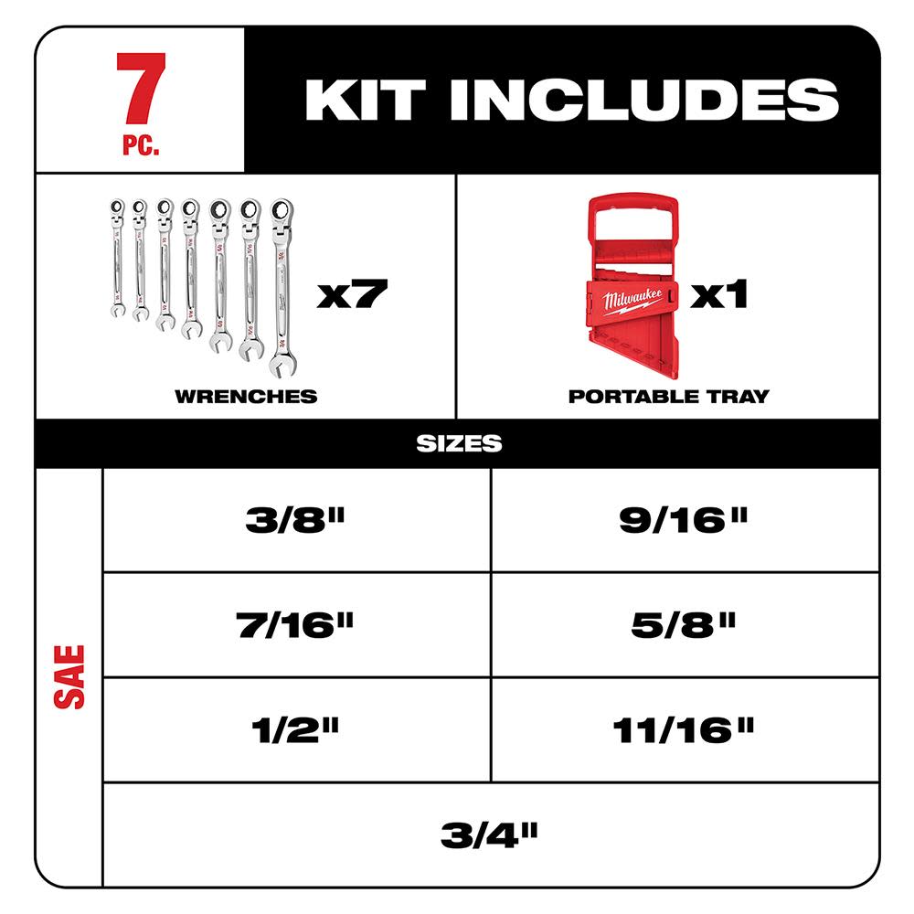Milwaukee Combination Wrench Set SAE Flex Head Ratcheting 7pc - Flockneti