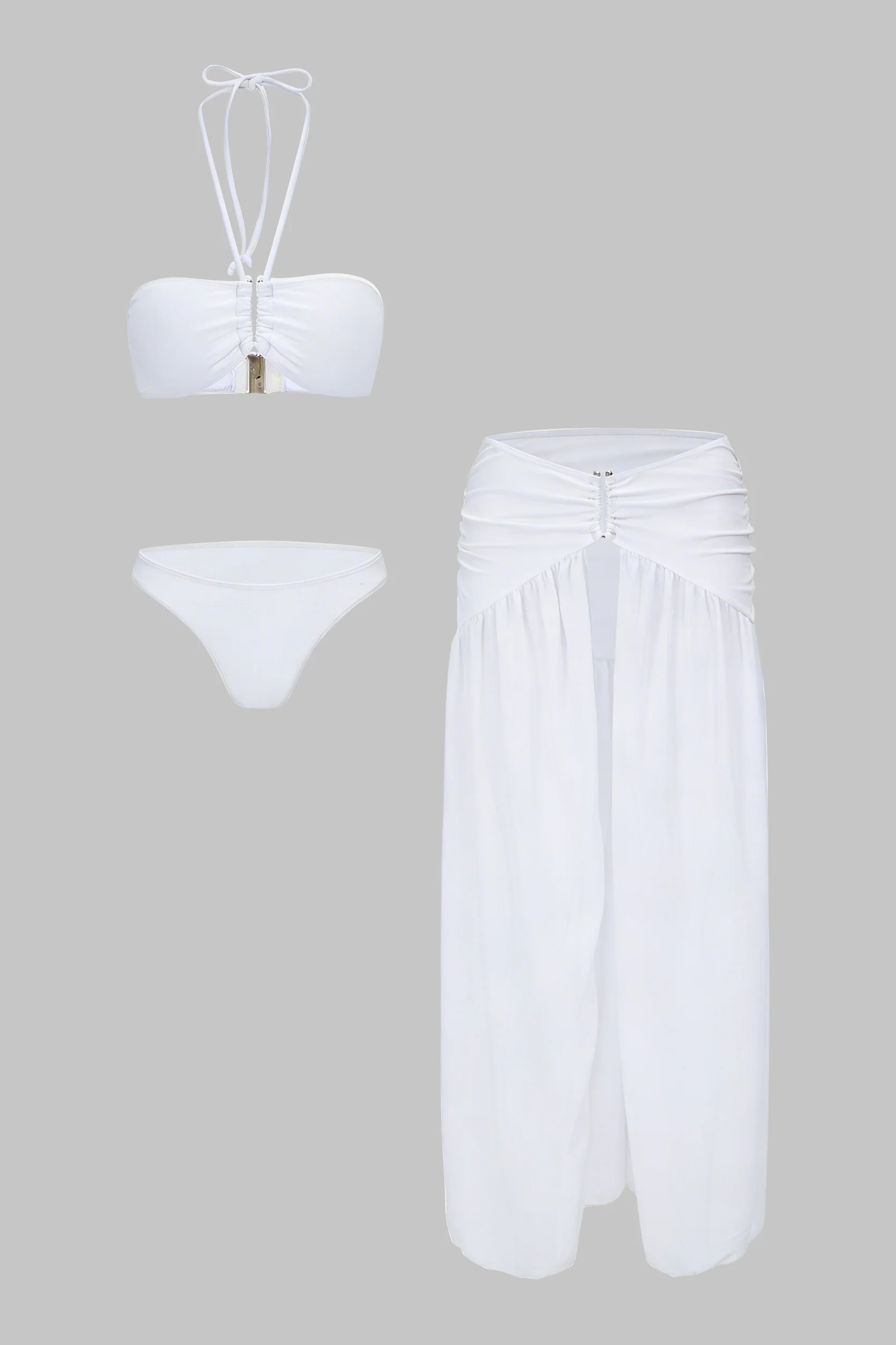 Halter Tie-Up Ruched Slit Bikini Set - Flockneti