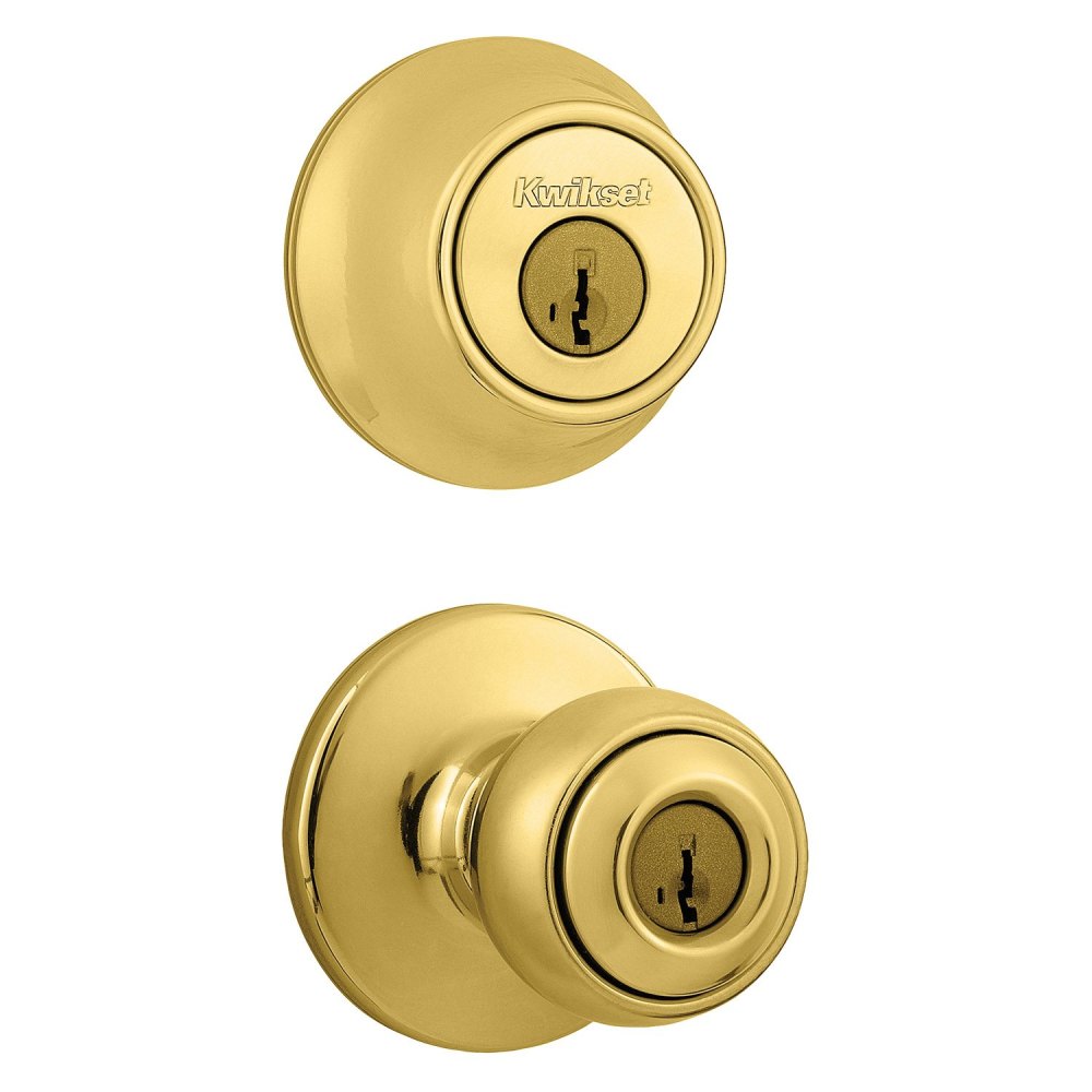 Kwikset Polished Brass Polo Door Knob & Single Cylinder Deadbolt Set - Flockneti