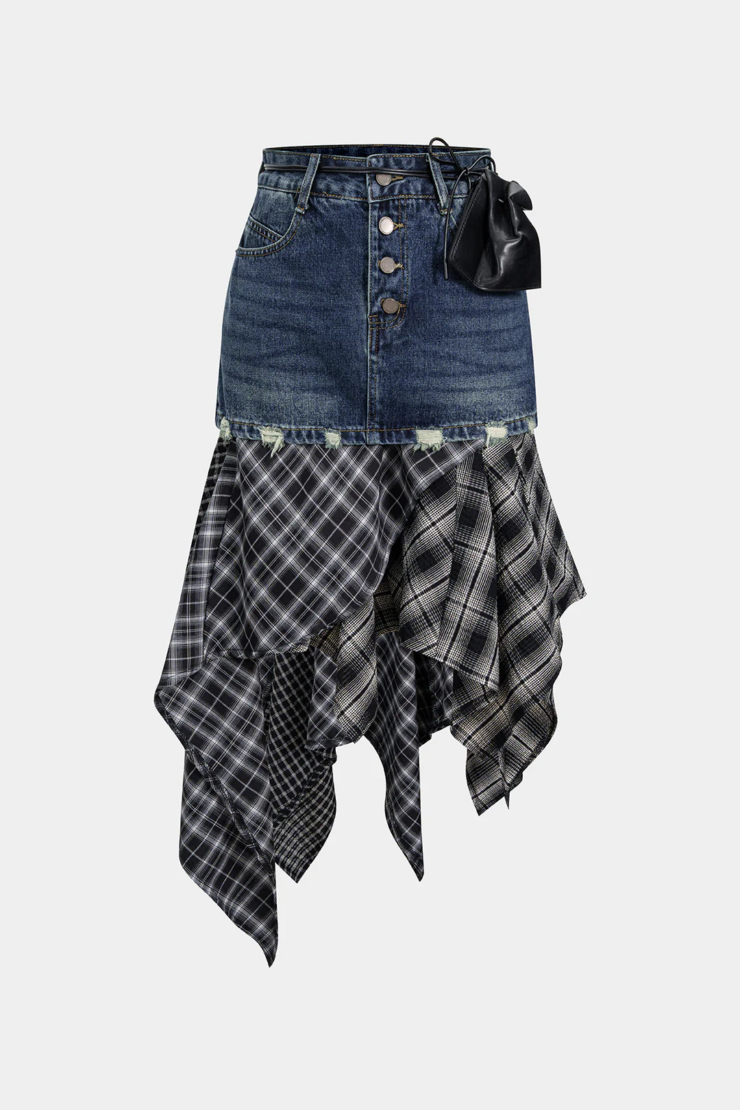 Denim Plaid Print Patchwork Irregular Hem Skirt - Flockneti