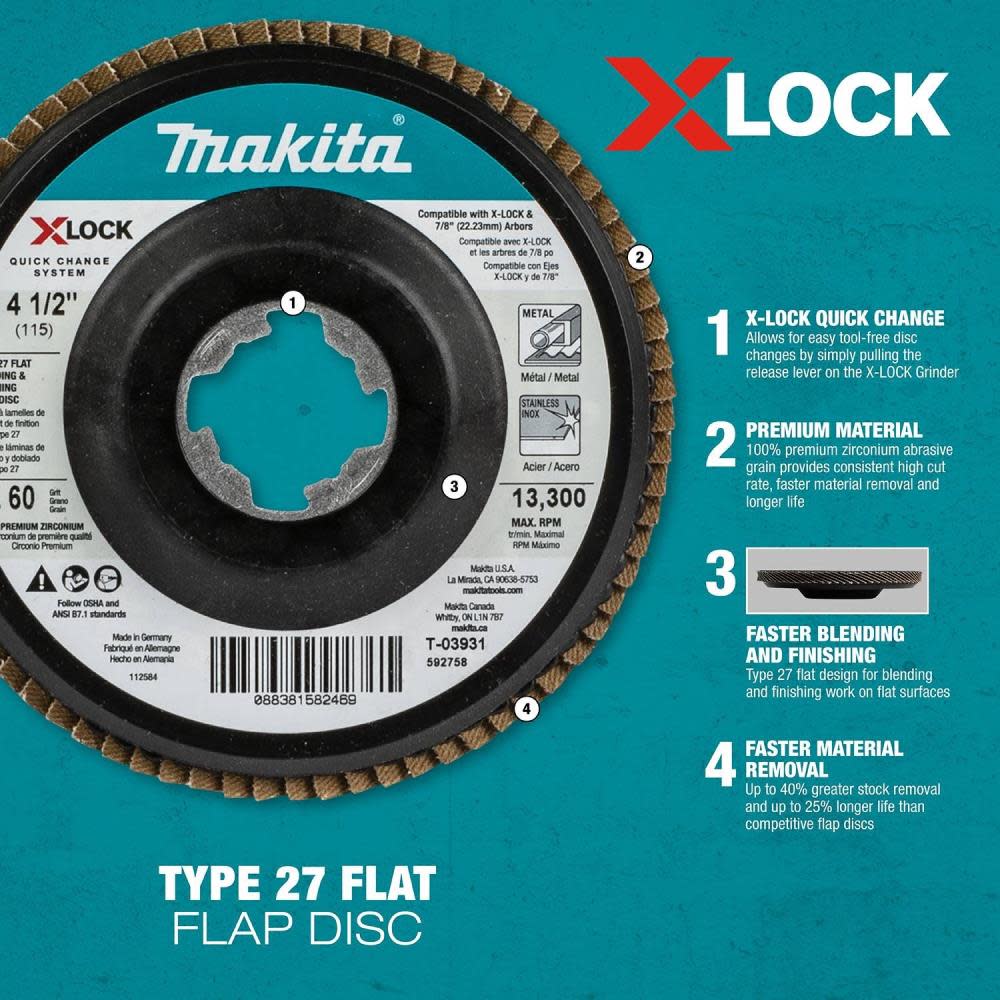 Makita X-LOCK 41/2″ 40 Grit Type 27 Flat Blending and Finishing Flap Disc for X-LOCK and All 7/8″ Arbor Grinders - Flockneti