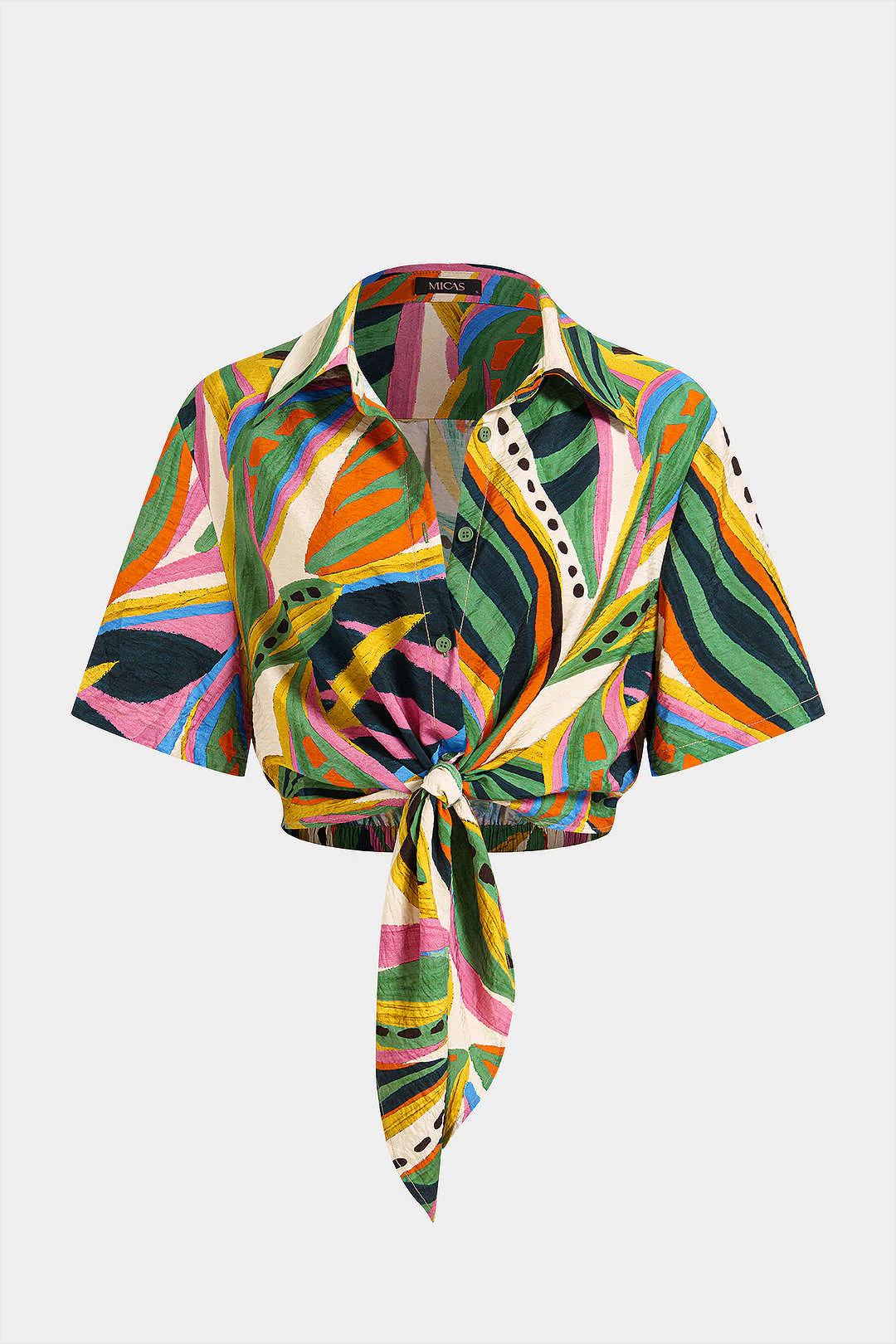 Leaves Contrast Print Tie-Up Button Short-Sleeve Blouse - Flockneti