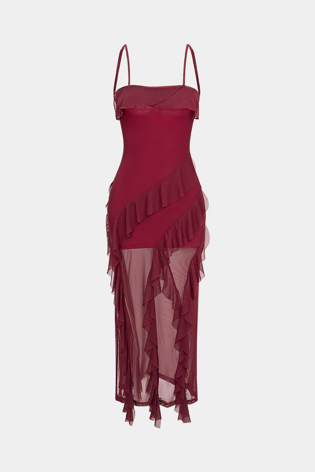 Mesh Patchwork Asymmetrical Ruffle Tie Back Sleeveless Maxi Dress - Flockneti