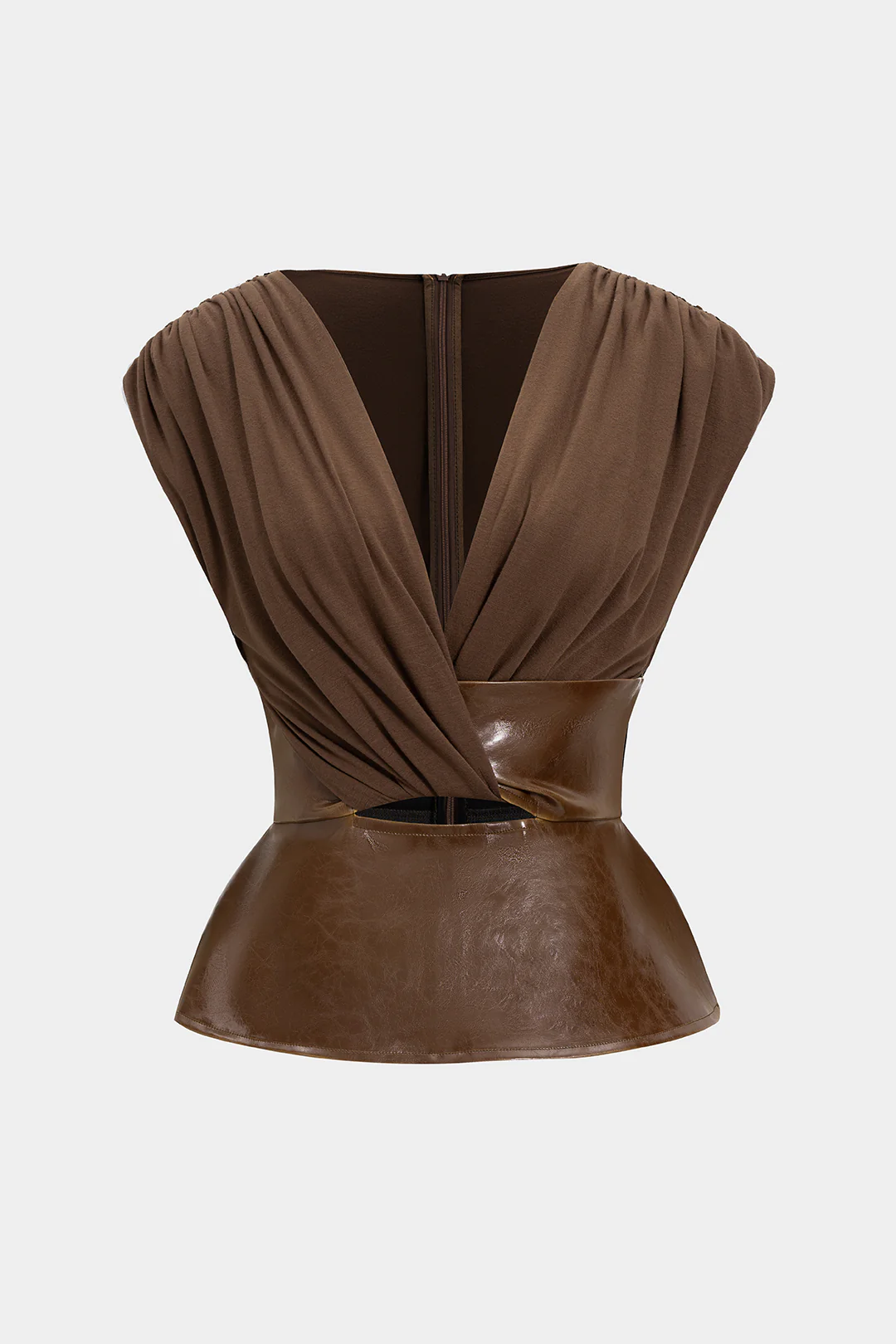 Faux Leather Patchwork Ruched Zipper Short-Sleeve Top - Flockneti