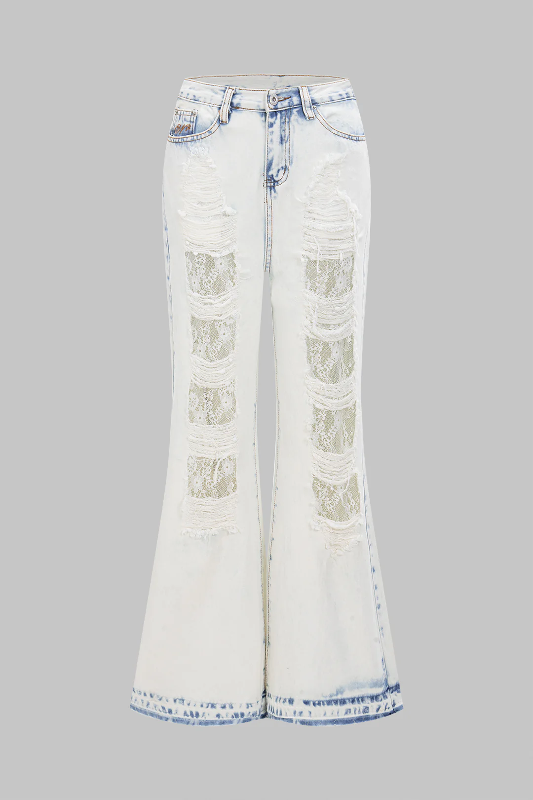 Denim Lace Cut Out Ripped Wide Leg Jeans - Flockneti