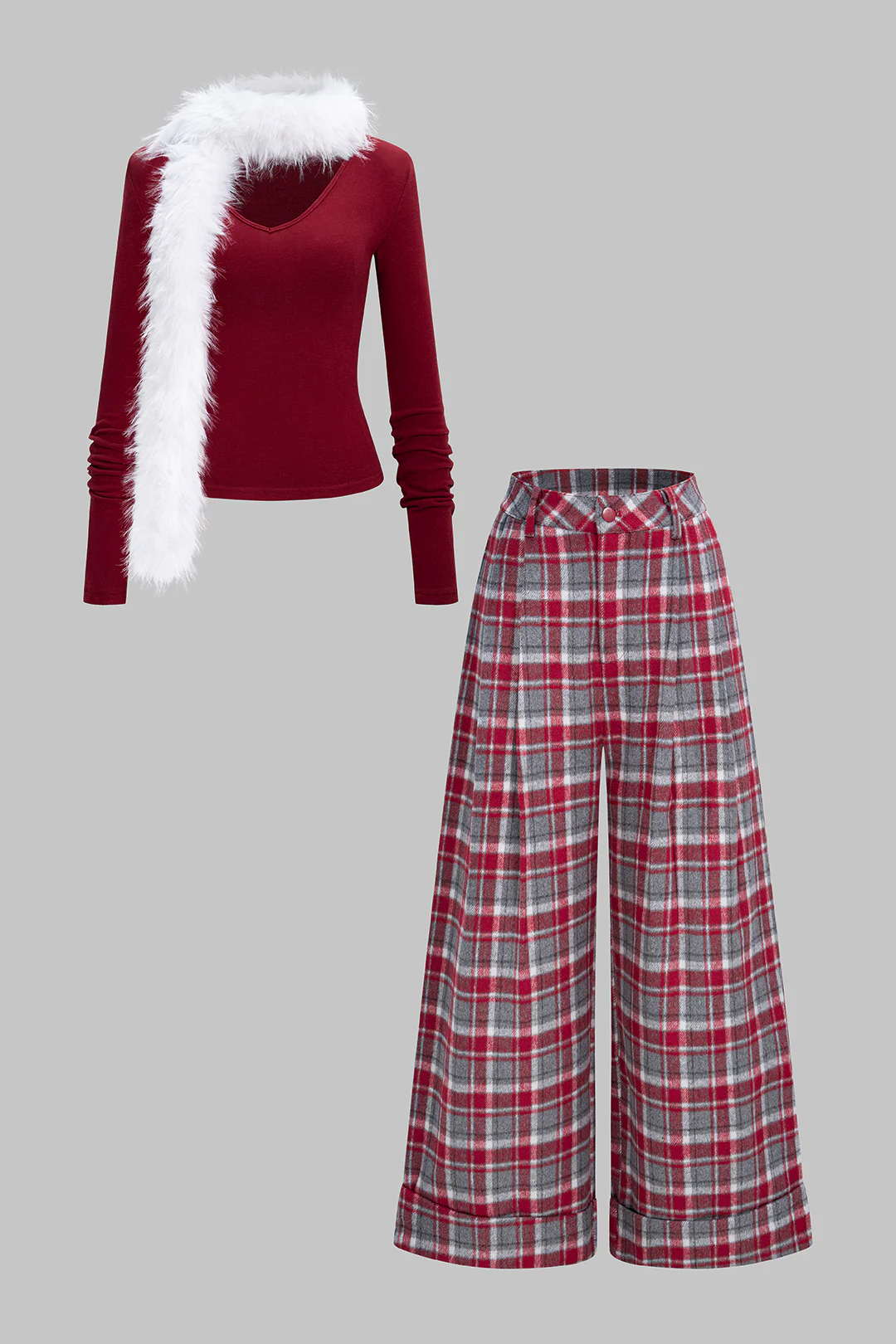 Solid V-Neck Long Sleeve Top And Plaid Print Wide Leg Pants Set With Scarf - Flockneti