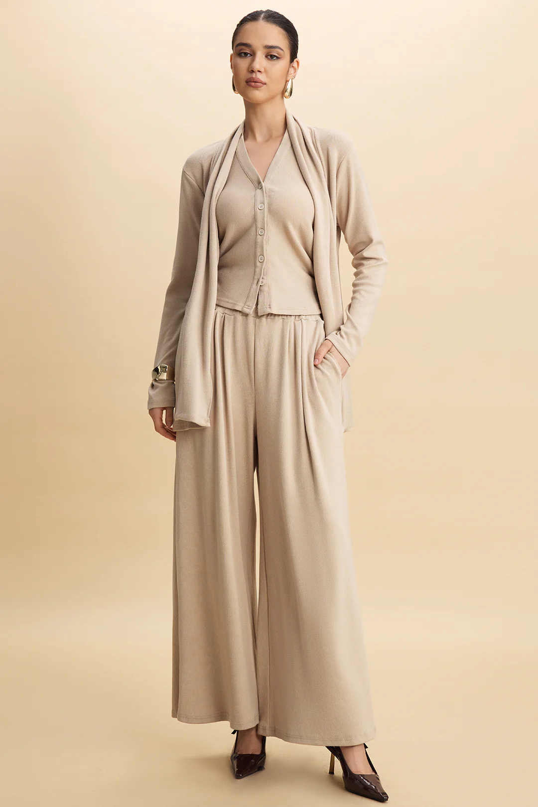 Solid Long Cardigan And Halter Neck Ruched Cami Top And Wide Leg Trousers Set - Flockneti