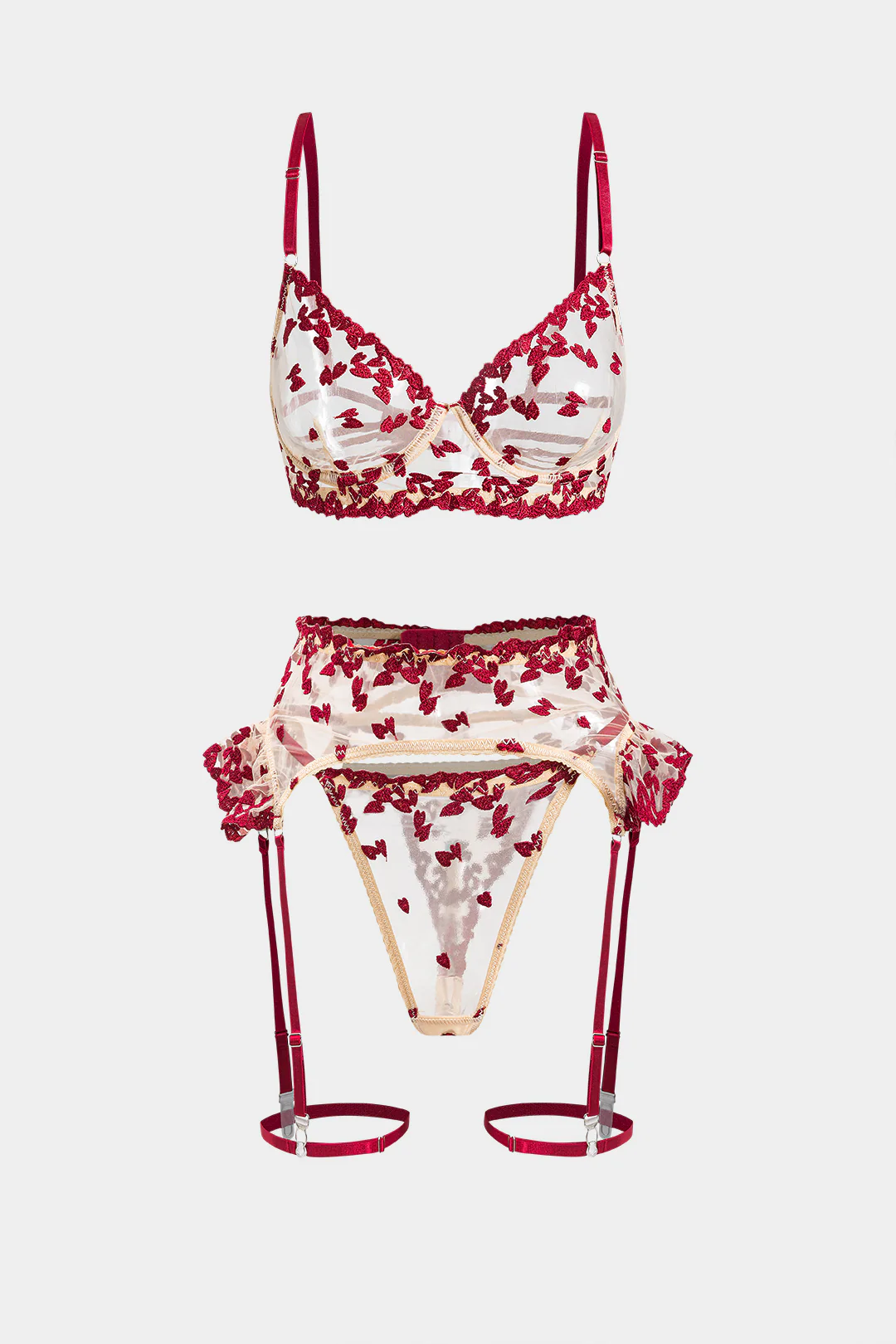 Mesh Sheer Embroidery Lingerie Garter Set - Flockneti
