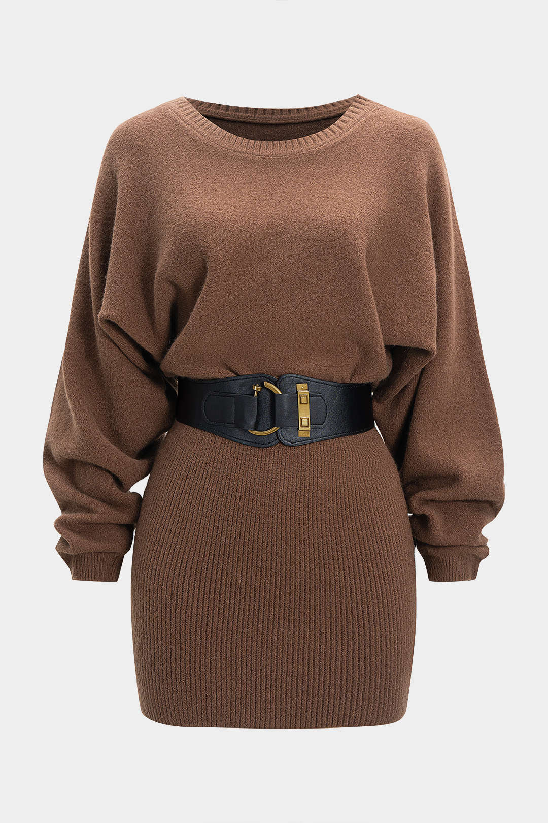 Knit Belted Batwing Long-Sleeve Dress - Flockneti