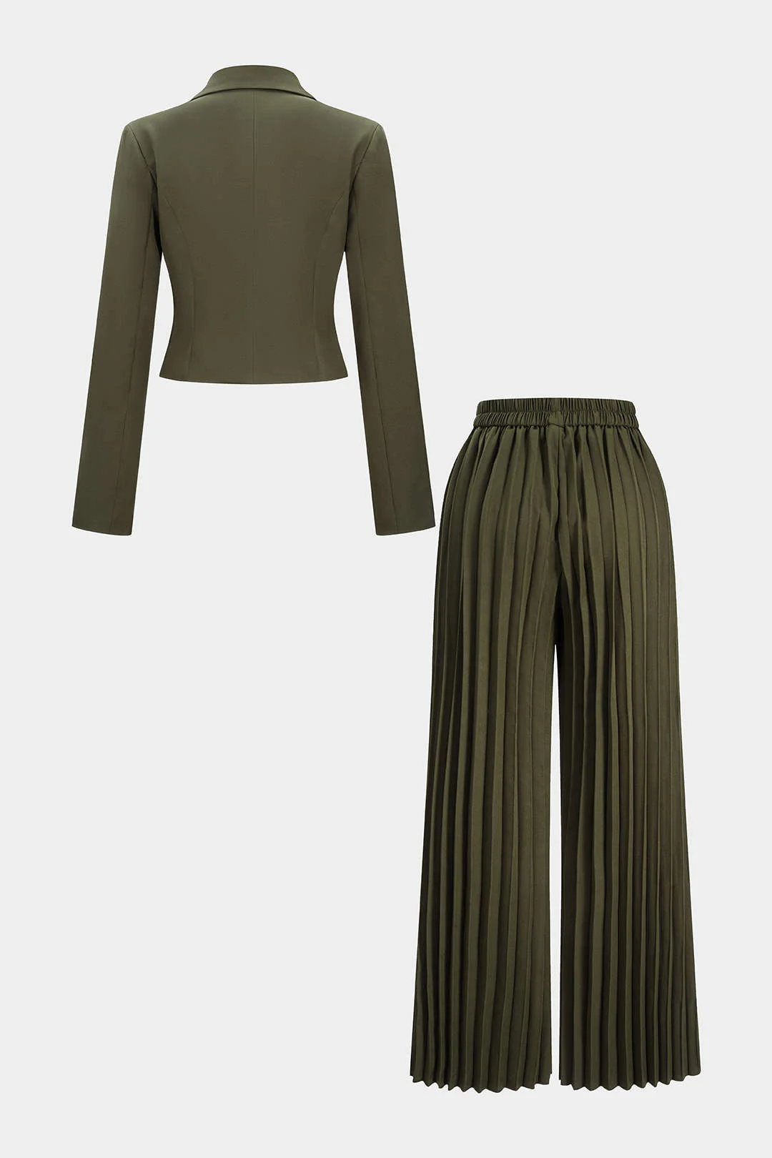 Notched Lapel Button Long-Sleeve Top And Pleated Trousers Set - Flockneti