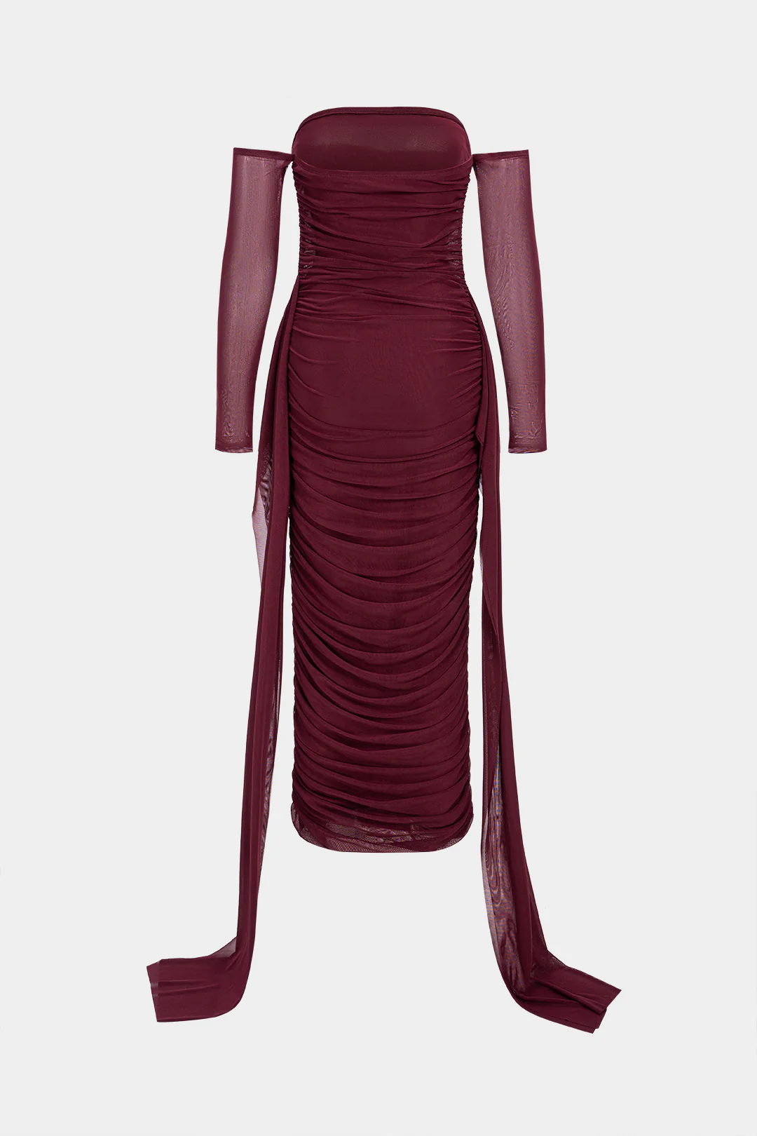 Mesh Off Shoulder Ruched Long Sleeve Maxi Dress - Flockneti