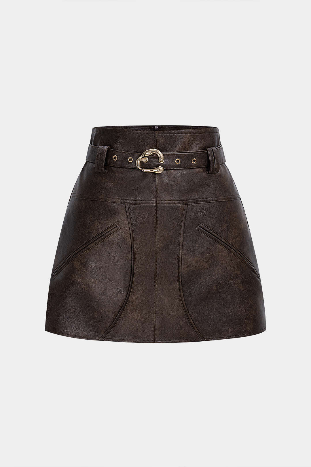 Faux Leather Pocket Belted Skirt - Flockneti