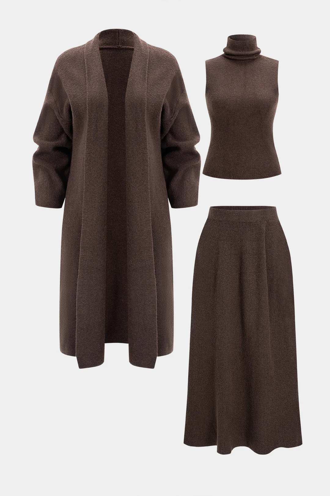 Knit Ruched Long Cardigan And Mock Neck Tank Top And Skirt Set - Flockneti