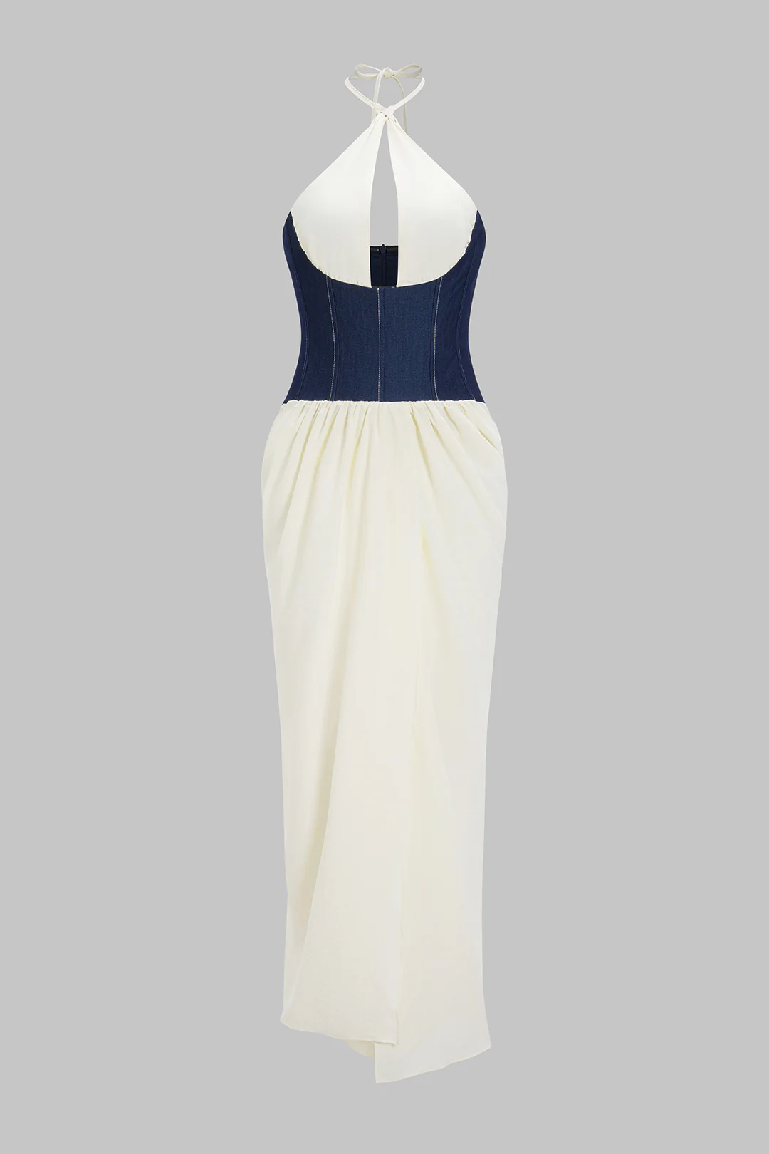 Denim Patchwork Halter Neck Sleeveless Maxi Dress - Flockneti