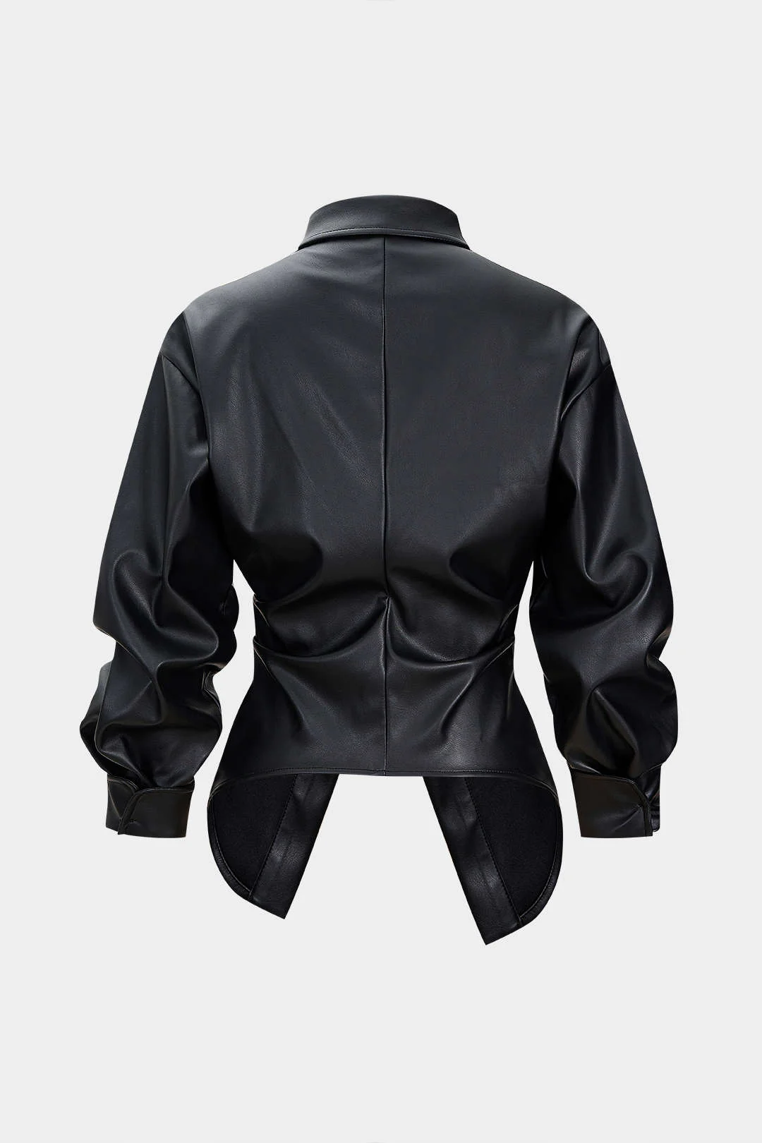 Faux Leather Ruched Button Asymmetrical Shirt - Flockneti