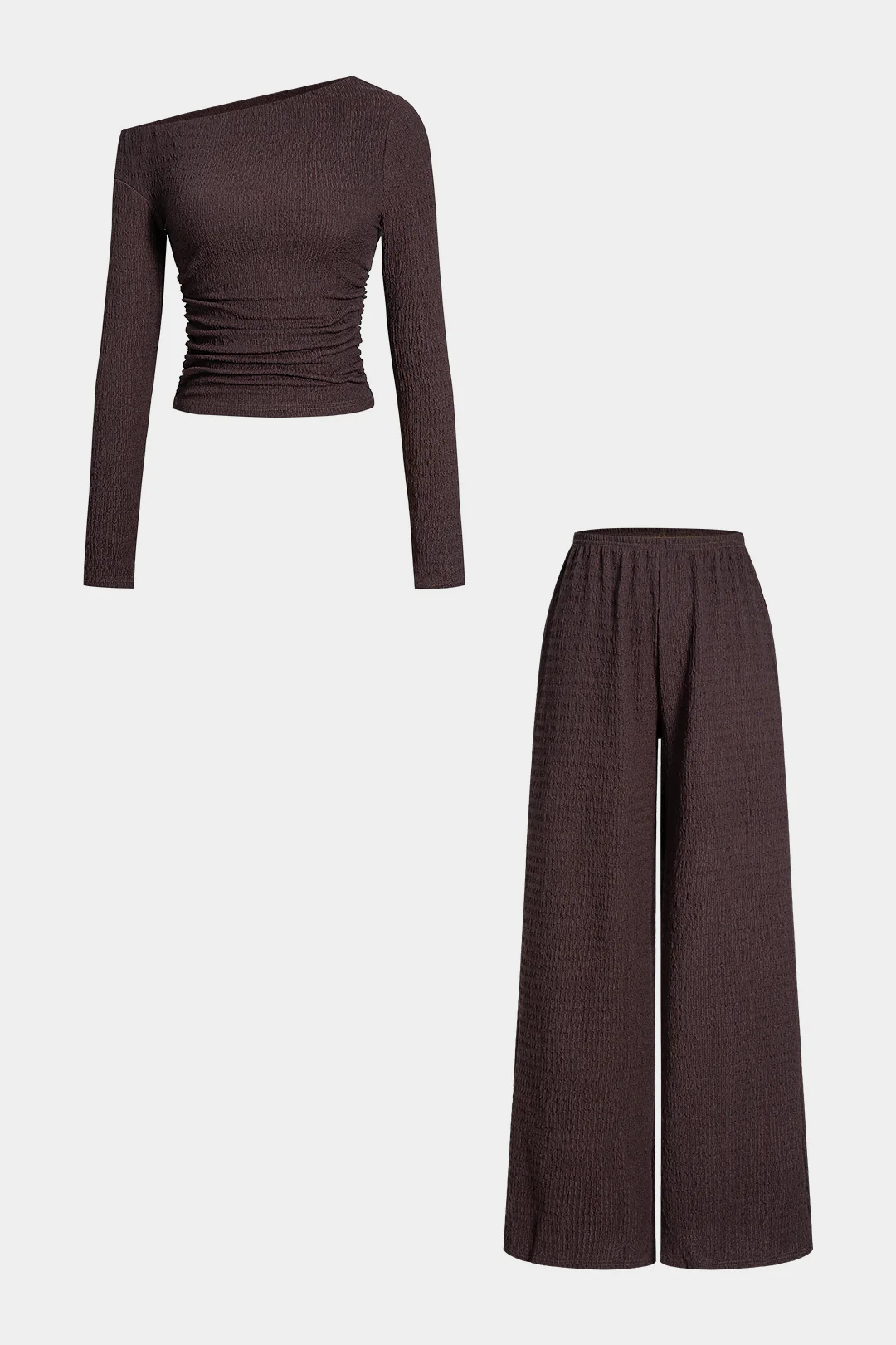 Asymmetrical Neck Long-Sleeve Top And Pants Set - Flockneti