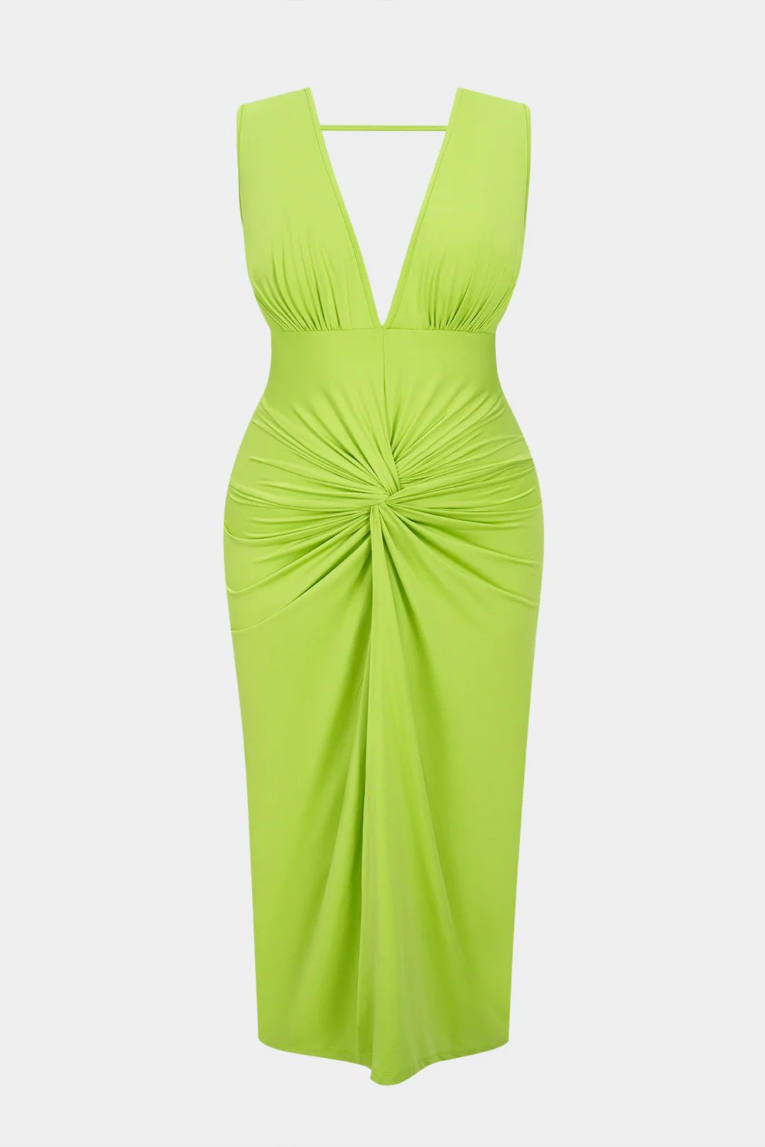 Plus Size V-Neck Backless Twist Knot Ruched Sleeveless Slit Midi Dress - Flockneti