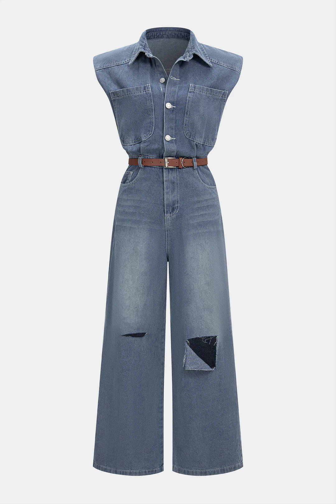 Denim Button Belted Ripped Sleeveless Jumpsuit - Flockneti