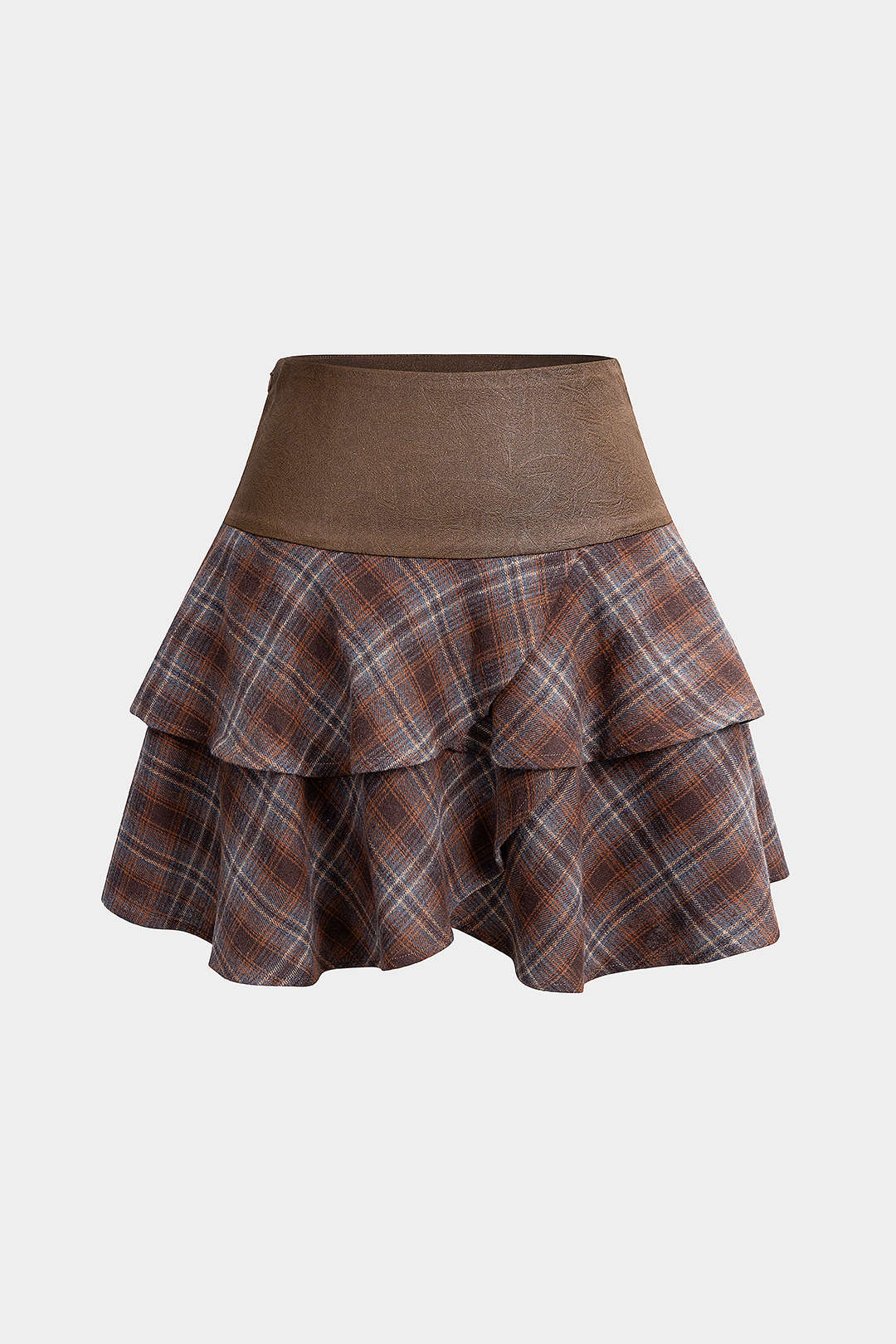 Plaid Print Faux Leather Patchwork Layered Ruffle Hem Skirt - Flockneti