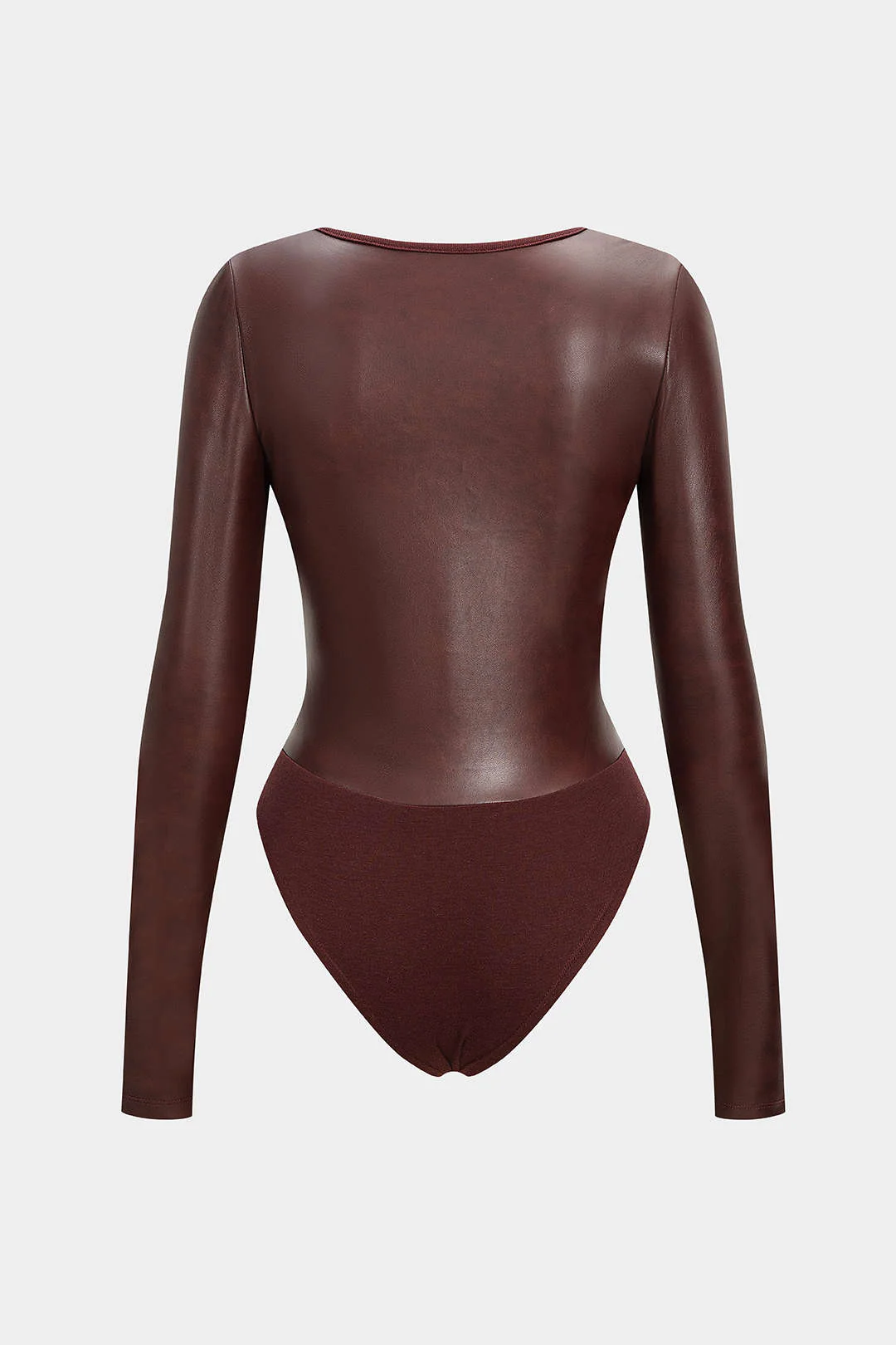 Faux Leather Patchwork Round Neck Long Sleeve Bodysuit - Flockneti