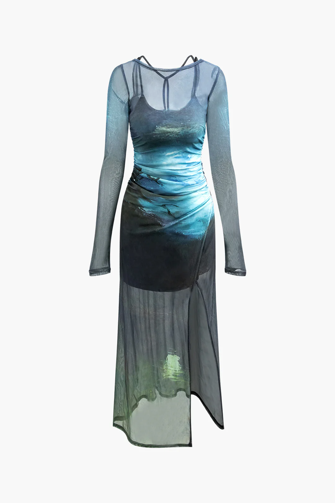 Mesh Contrast Print Asymmetrical Ruched Slit Long Sleeve Midi Dress - Flockneti