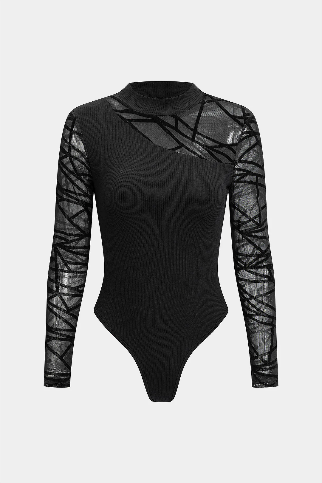 Lace Patchwork Round Neck Ribbed Long Sleeve Bodysuit - Flockneti