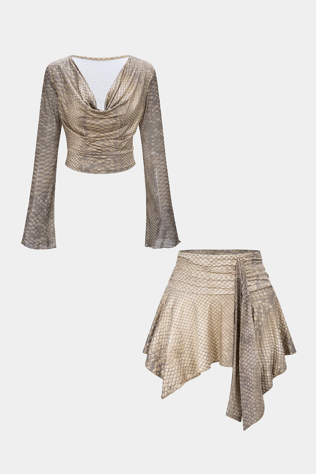 Snake Skin Print Draped Cowl Neck Long Sleeve Top And Irregular Hem Skirt Set - Flockneti