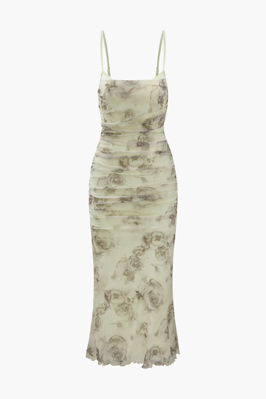 Floral Print Mesh Backless Ruched Slit Midi Dress - Flockneti