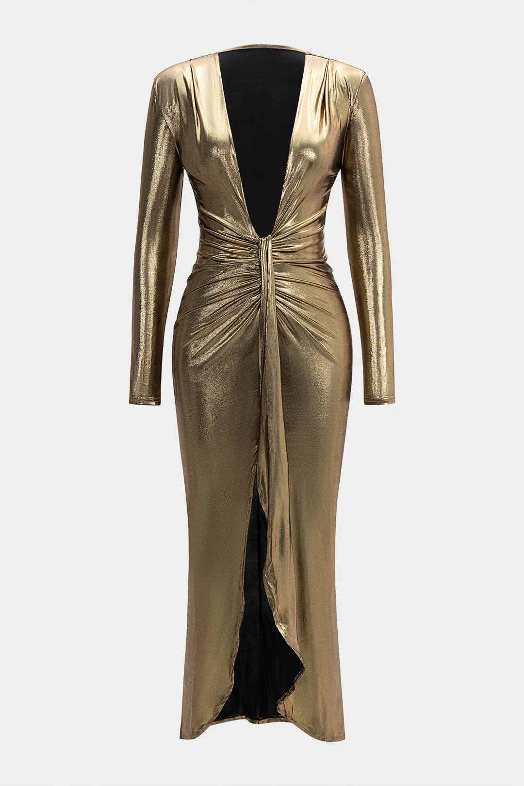 Deep V-Neck Ruched Long Sleeve Maxi Dress - Flockneti