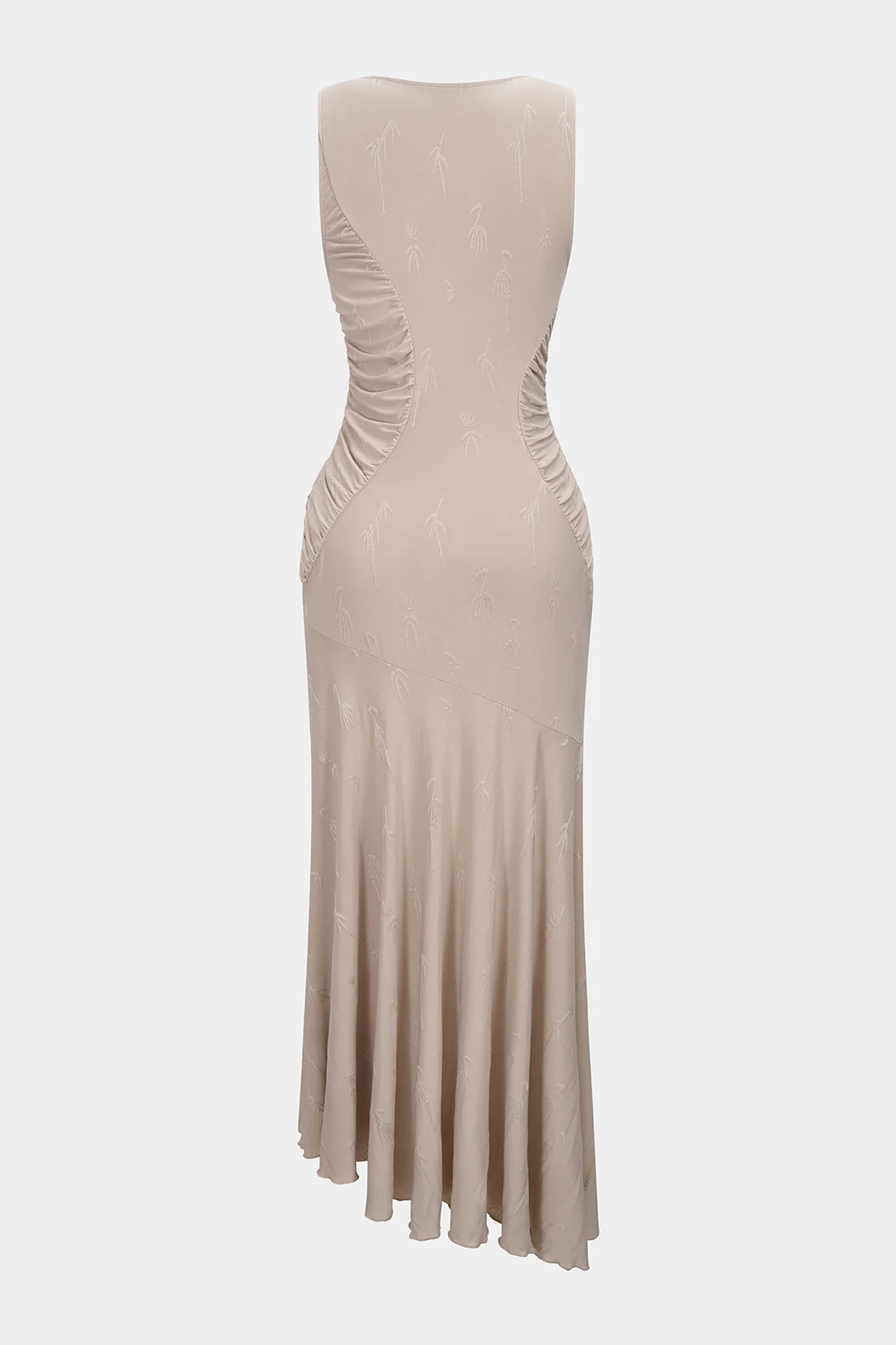 Flamingo Print Jacquard Ruched Asymmetrical Sleeveless Midi Dress - Flockneti