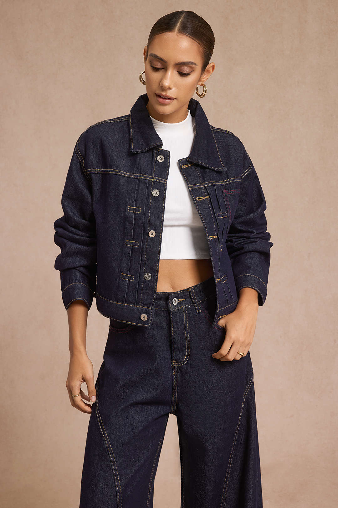 Denim Cropped Jacket And Barrel Jeans Set - Flockneti
