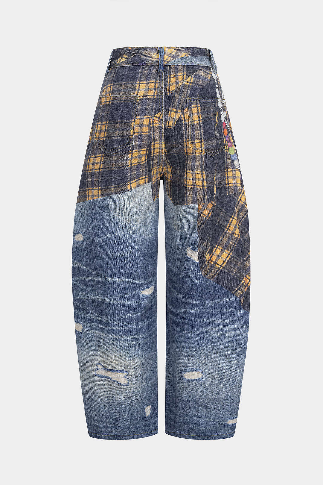Plaid Denim Print High Waist Wide Leg Pants - Flockneti