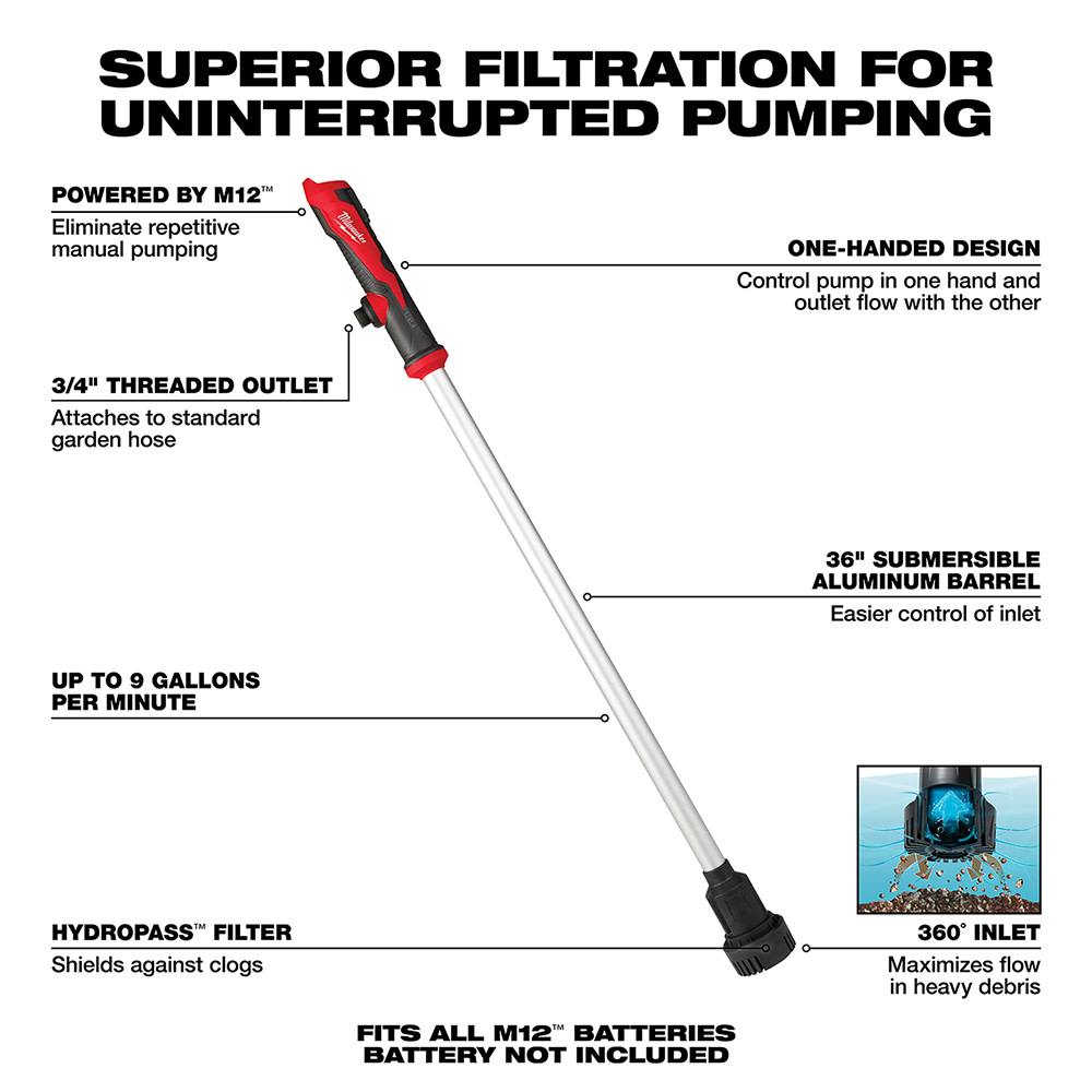 Milwaukee M12 Stick Transfer Pump with Battery & Charger Starter Kit Bundle - Flockneti
