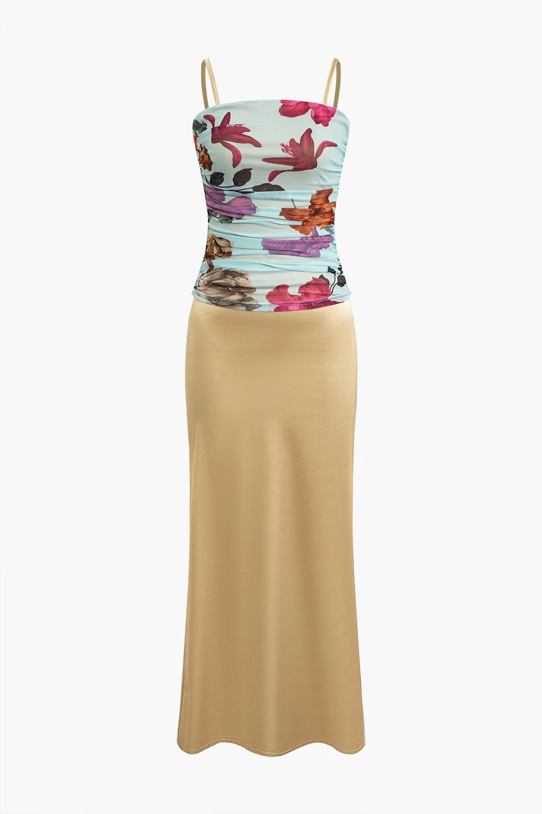 Satin Floral Print Ruched Patchwork Backless Slit Sleeveless Maxi Dress - Flockneti