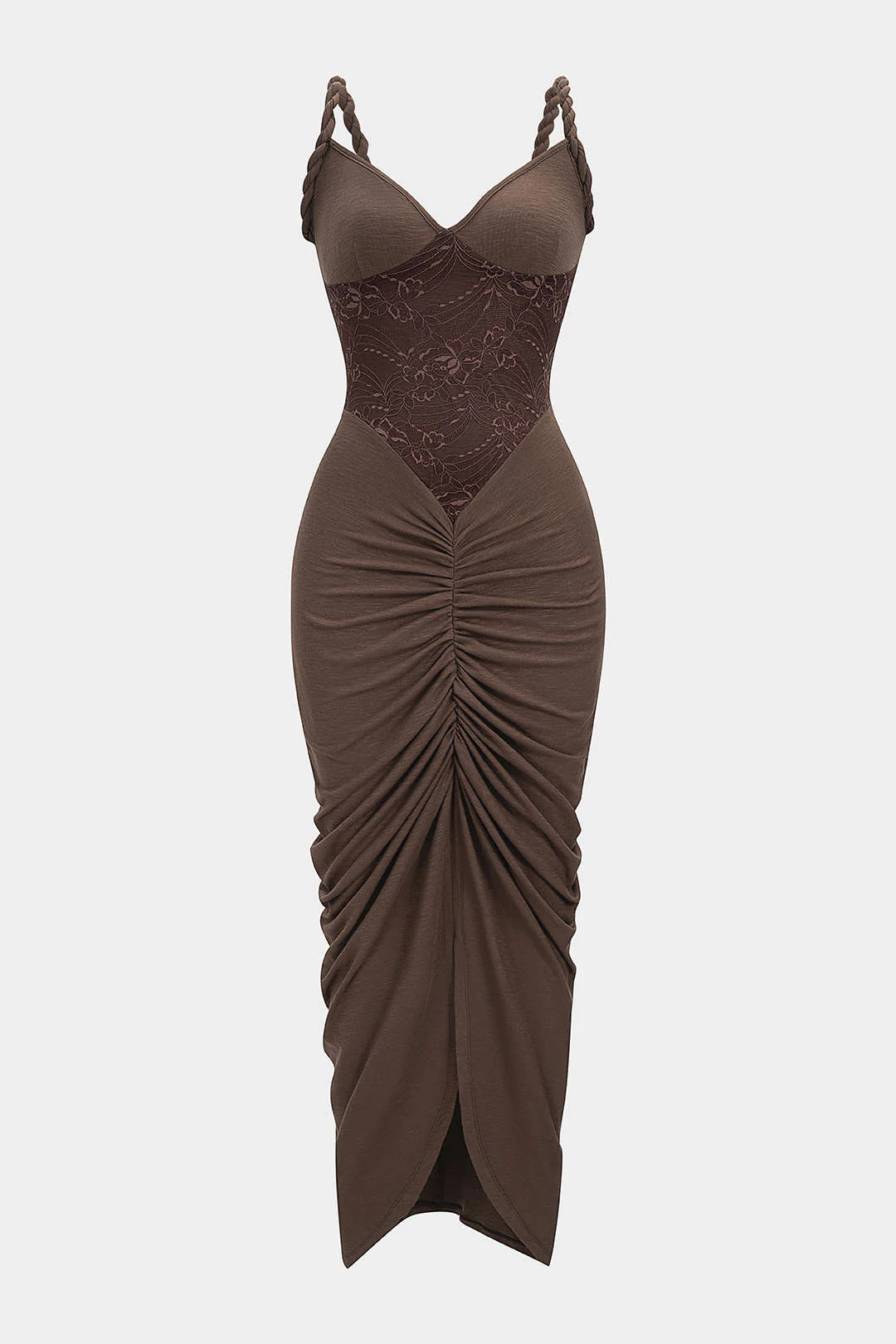 Lace Patchwork Ruched Twist Knot Slip Sleeveless Maxi Dress - Flockneti