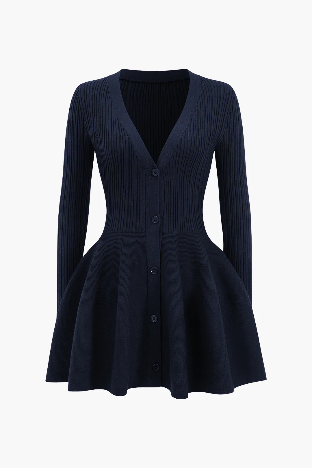 Knit Puff Hem Long Sleeve V-neck Dress - Flockneti