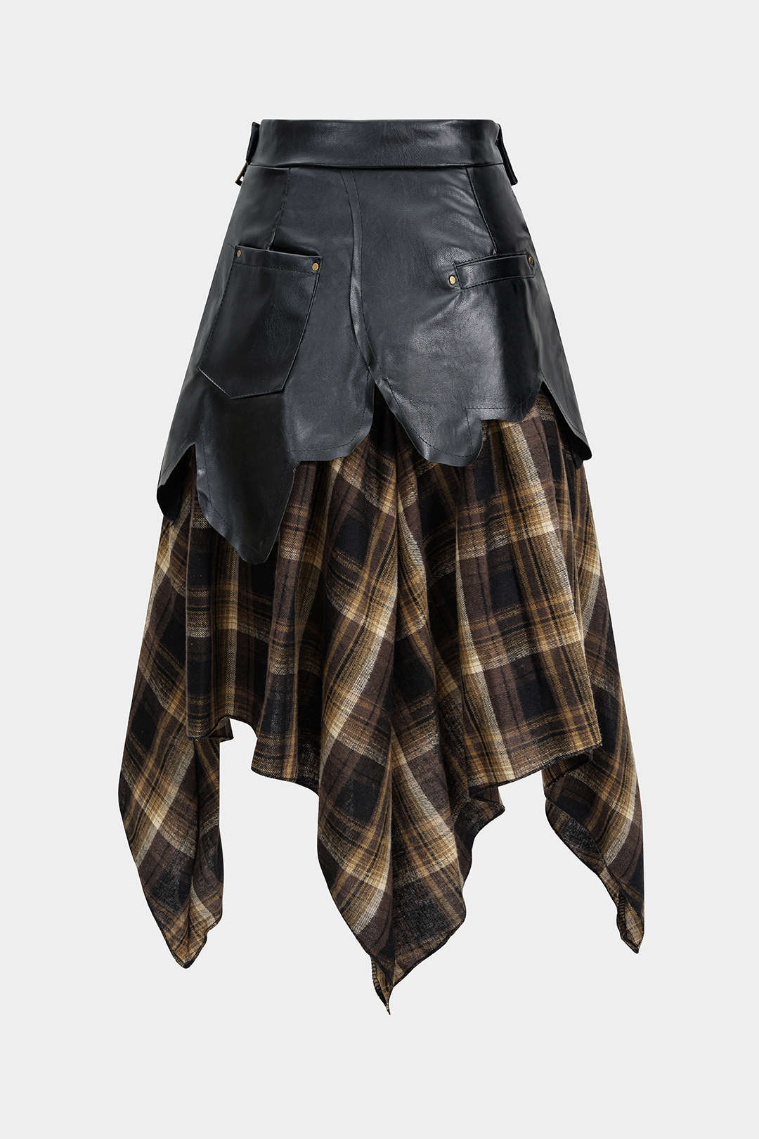 Color Block Plaid Print Faux Leather Patchwork Tie-Up Asymmetrical Pocket Skirt - Flockneti